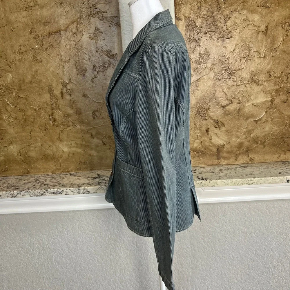 VINTAGE OshKosh Blazer Women‎ Medium Blue Hickory Stripe Denim Railroad 90s Y2K